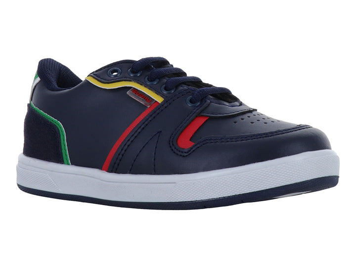 Tenis infantiles color azul marino con detalles en rojo, amarillo y verde y suela blanca.