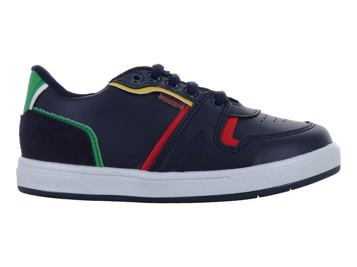Tenis infantiles color azul marino con detalles en rojo, amarillo y verde y suela blanca.