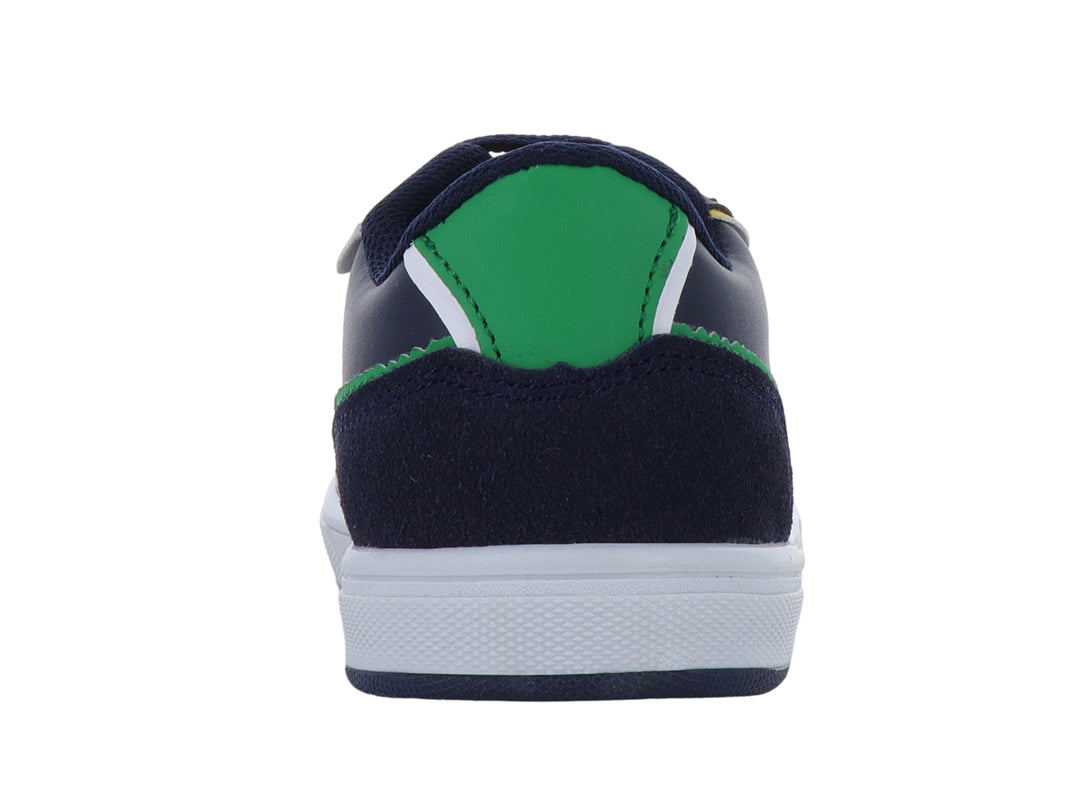 Tenis infantiles color azul marino con detalles en rojo, amarillo y verde y suela blanca.