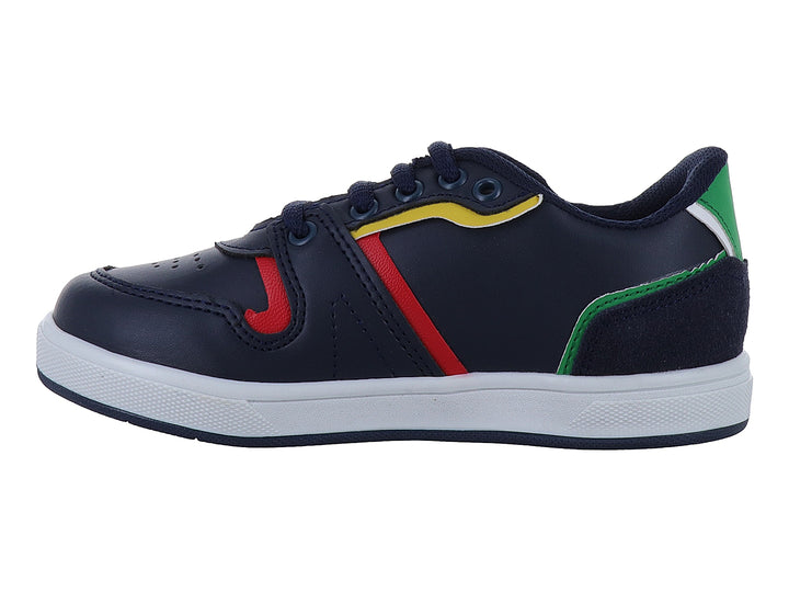 Tenis infantiles color azul marino con detalles en rojo, amarillo y verde y suela blanca.
