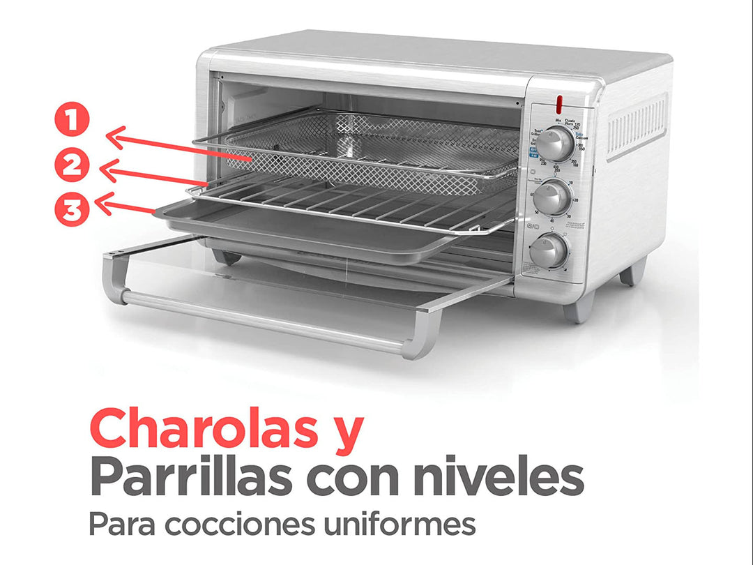 Horno tostador Black and Decker color plata con puerta de vidrio y controles laterales.