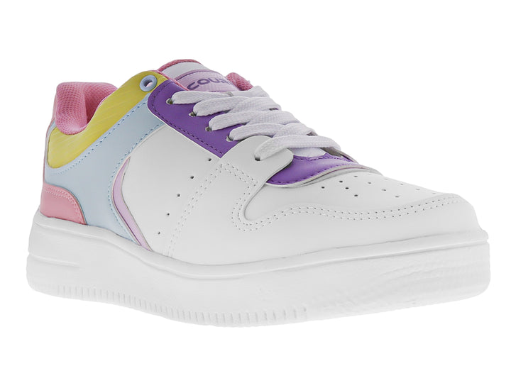 Tenis deportivos blancos con detalles en rosa, verde aqua y morado para niña.