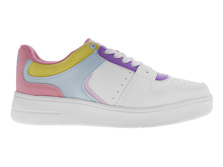 Tenis deportivos blancos con detalles en rosa, verde aqua y morado para niña.