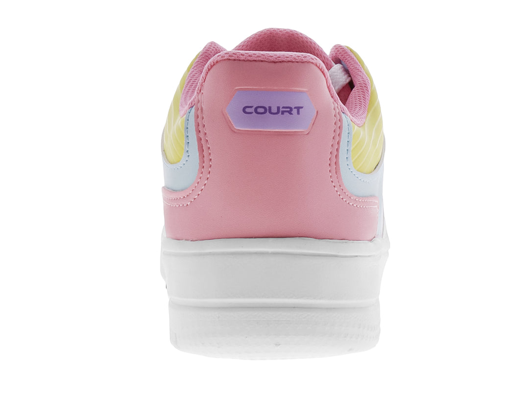 Tenis deportivos blancos con detalles en rosa, verde aqua y morado para niña.