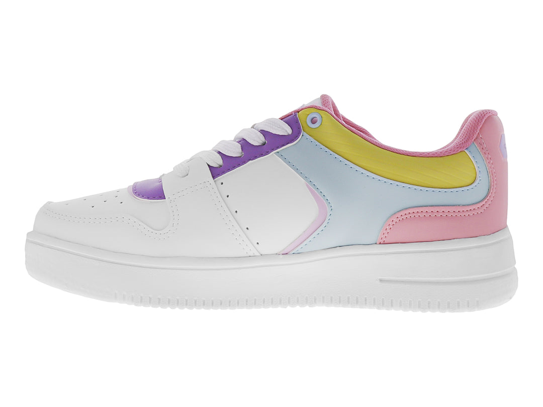 Tenis deportivos blancos con detalles en rosa, verde aqua y morado para niña.
