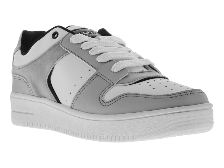 Tenis deportivos para niños en colores blanco y gris con suela blanca y cordones.