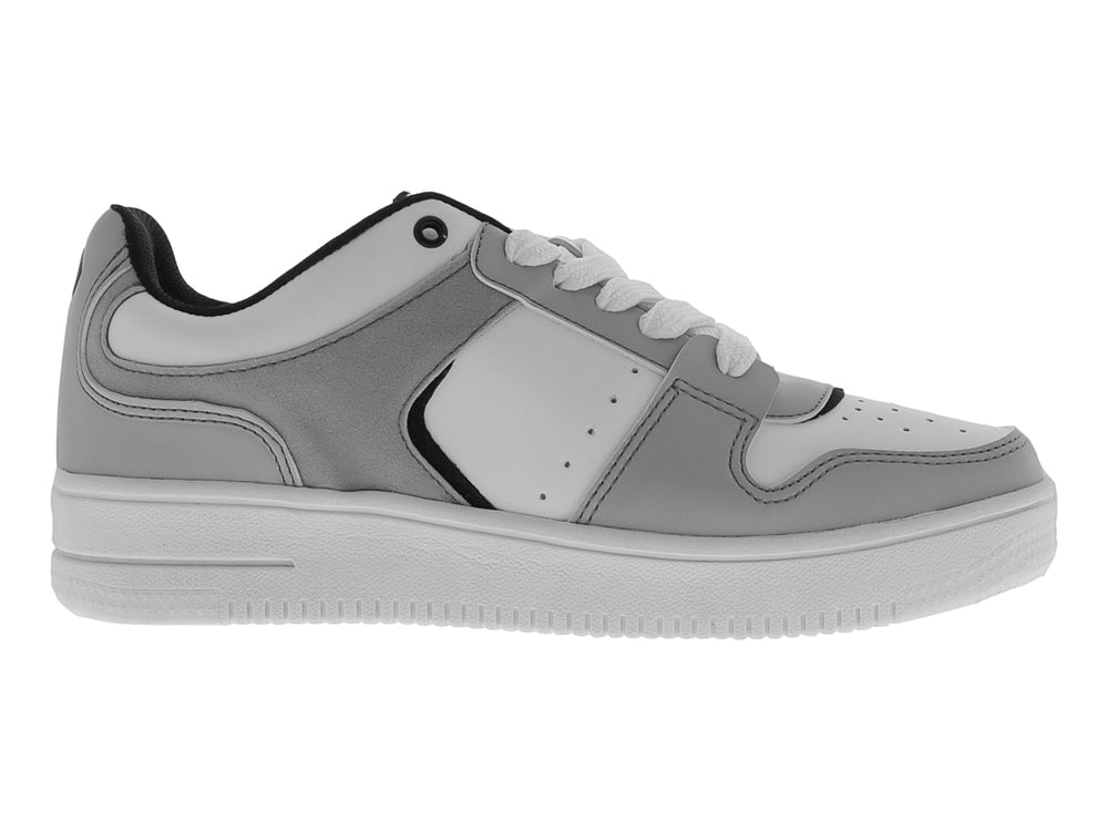 Tenis deportivos para niños en colores blanco y gris con suela blanca y cordones.