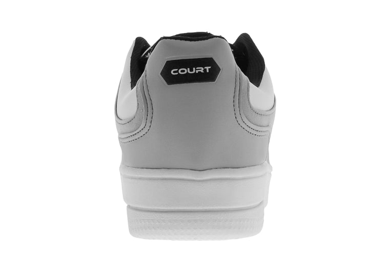 Tenis deportivos para niños en colores blanco y gris con suela blanca y cordones.
