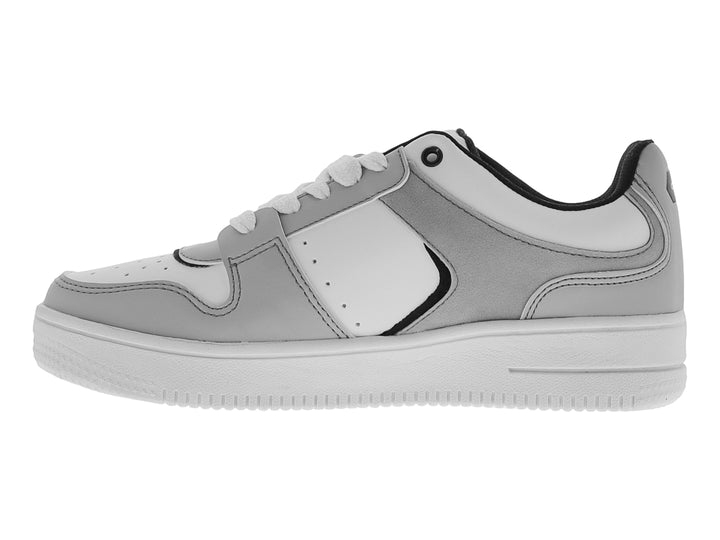Tenis deportivos para niños en colores blanco y gris con suela blanca y cordones.