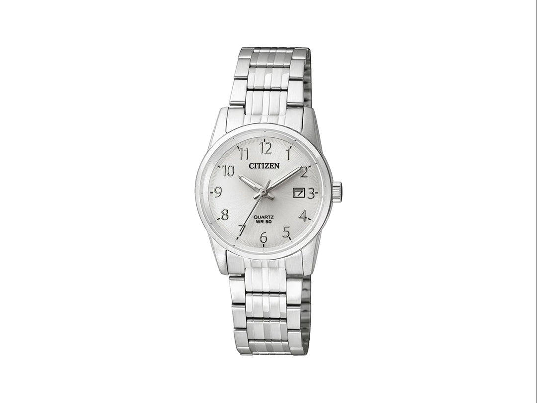 Reloj Citizen para mujer en color plata con esfera blanca, caja circular y correa de metal.