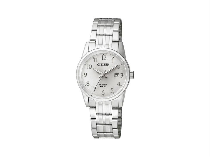 Reloj Citizen para mujer en color plata con esfera blanca, caja circular y correa de metal.