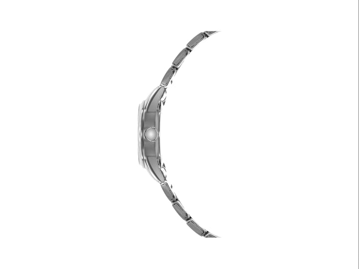 Reloj Citizen para mujer en color plata con esfera blanca, caja circular y correa de metal.