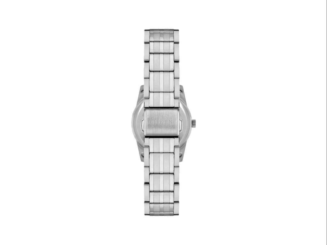 Reloj Citizen para mujer en color plata con esfera blanca, caja circular y correa de metal.