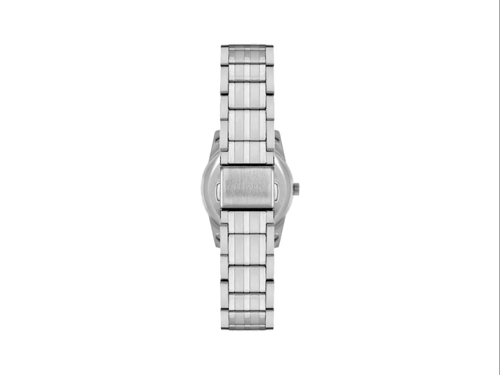 Reloj Citizen para mujer en color plata con esfera blanca, caja circular y correa de metal.