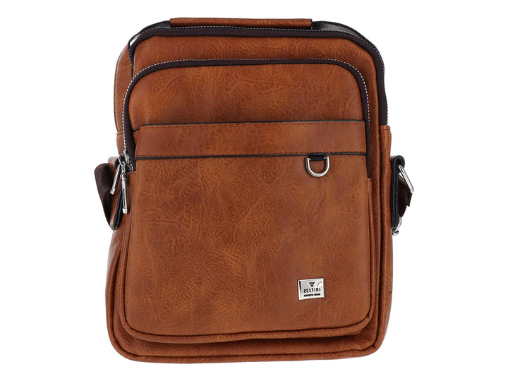 Bolso bandolera color marrón con detalles en negro y múltiples compartimentos con cierre.