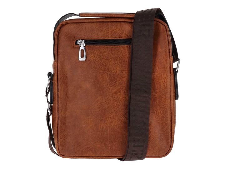 Bolso bandolera color marrón con detalles en negro y múltiples compartimentos con cierre.
