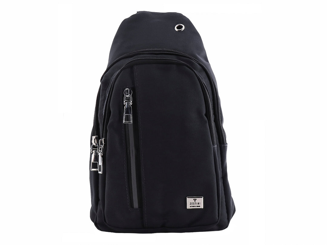 Mochila color gris oscuro con cierres plateados y diseño casual.