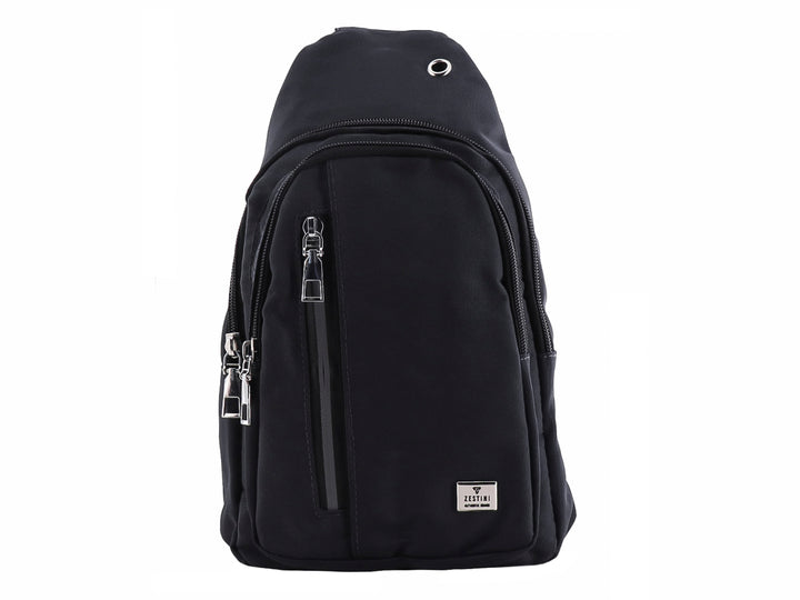 Mochila color gris oscuro con cierres plateados y diseño casual.