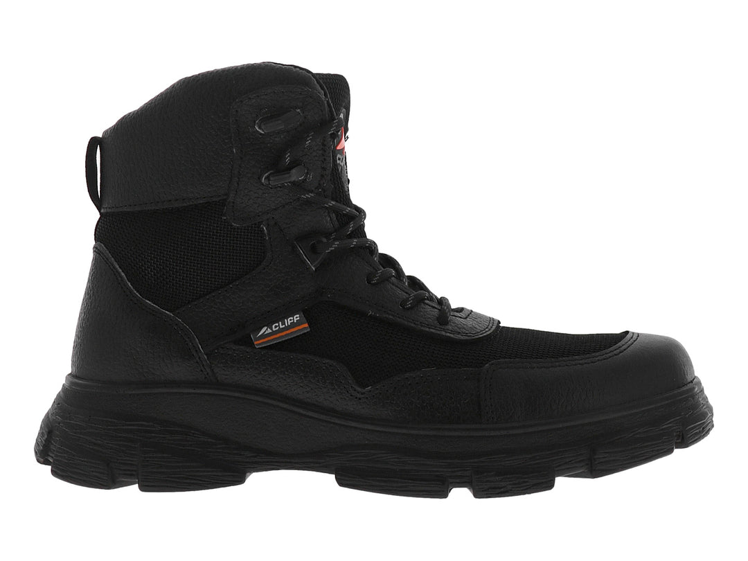 Bota alta de color negro marca CLIFF con suela gruesa y detalles en malla.