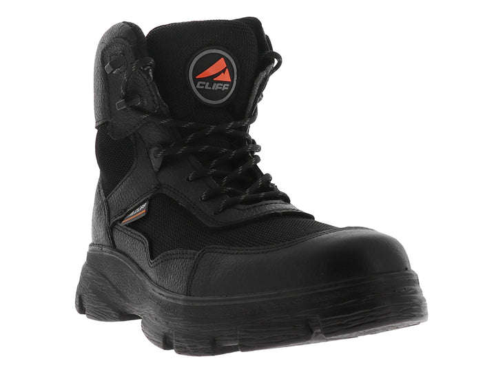 Bota alta de color negro marca CLIFF con suela gruesa y detalles en malla.