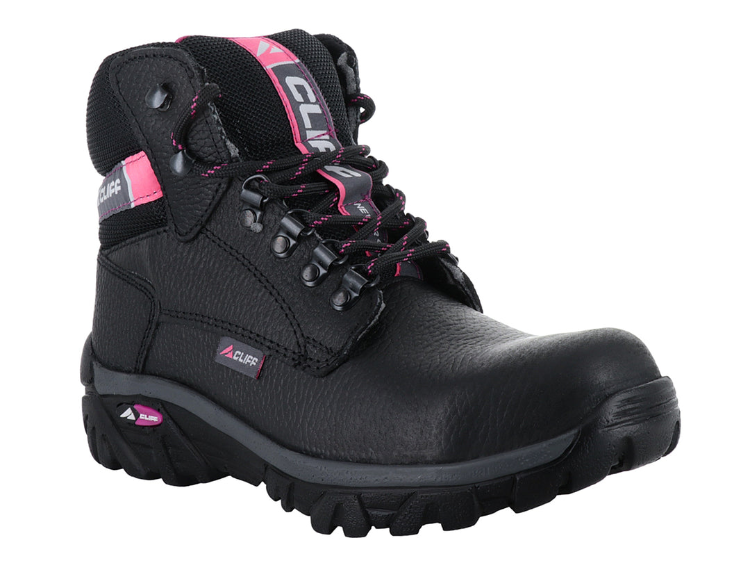 Botín de seguridad CLIFF color negro con detalles en rosa y suela robusta.