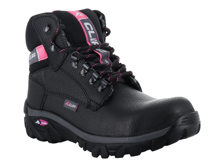 Botín de seguridad CLIFF color negro con detalles en rosa y suela robusta.
