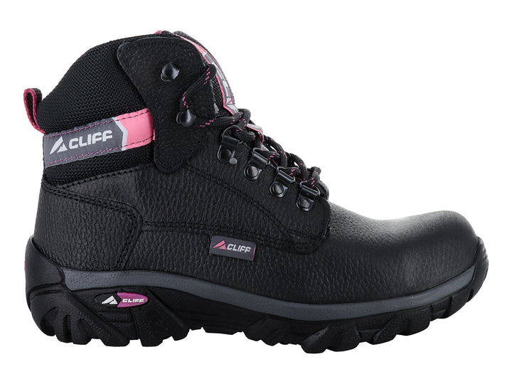 Botín de seguridad CLIFF color negro con detalles en rosa y suela robusta.