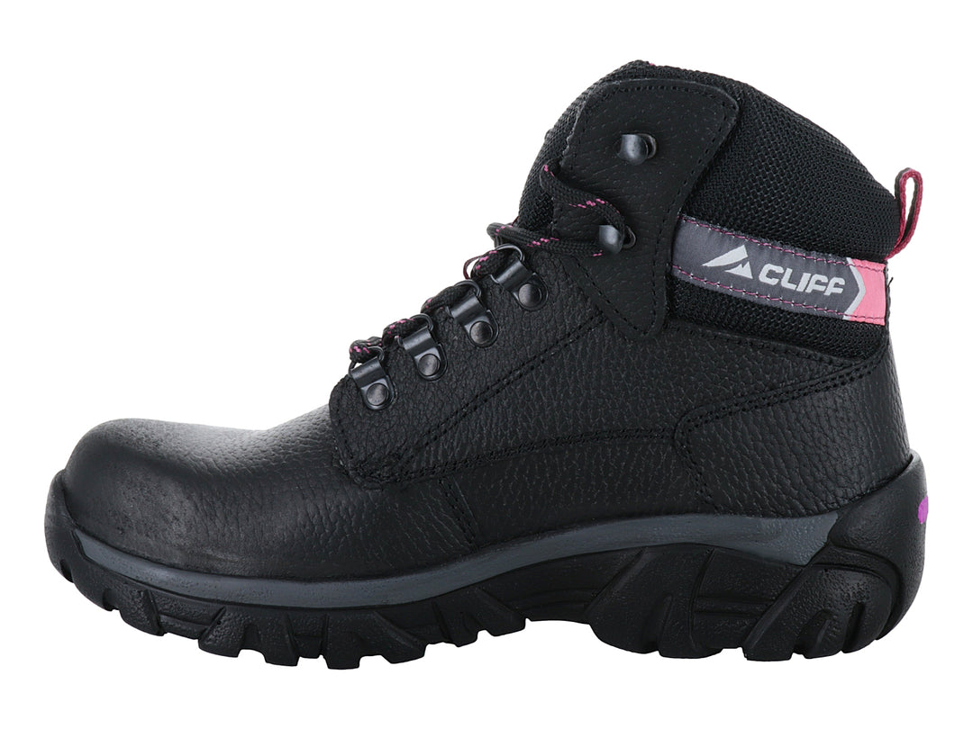Botín de seguridad CLIFF color negro con detalles en rosa y suela robusta.
