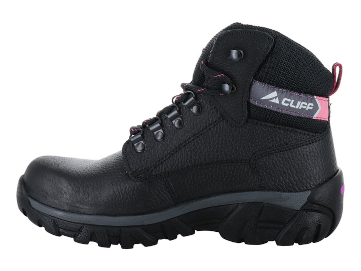Botín de seguridad CLIFF color negro con detalles en rosa y suela robusta.