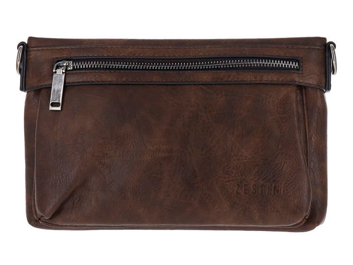 Bolso estilo cartera color marrón con cierre superior plateado y acabado mate.