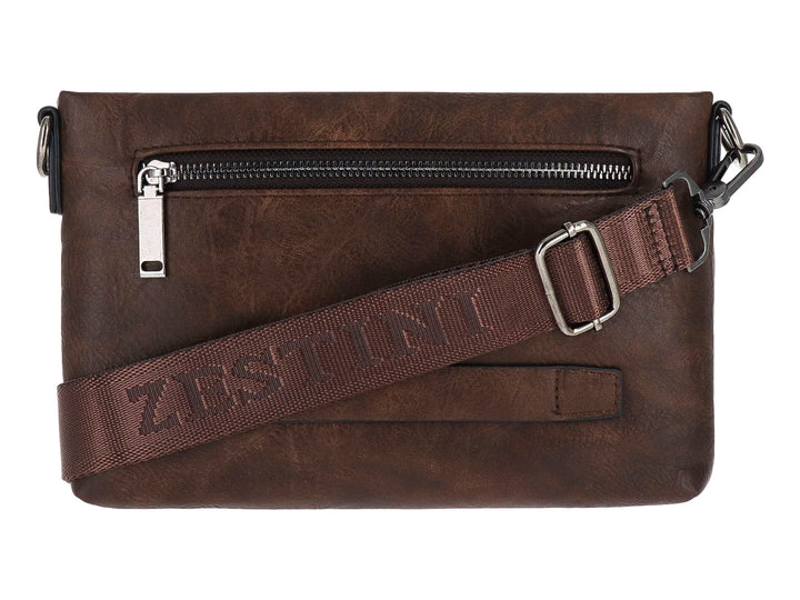 Bolso estilo cartera color marrón con cierre superior plateado y acabado mate.