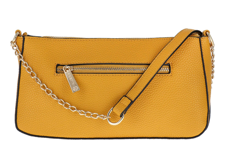 Bolso amarillo con textura granulada, detalle de borla y cadena dorada.