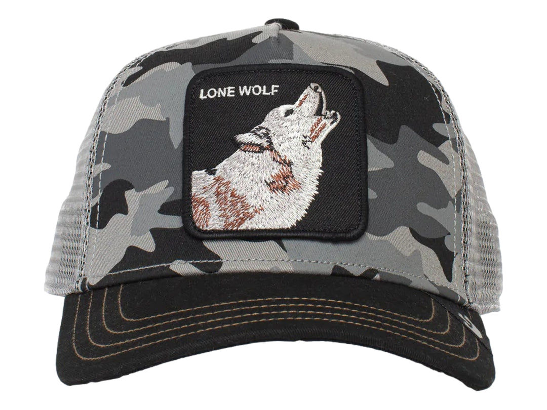 Gorra de camuflaje gris y negro con parche frontal de Lone Wolf.