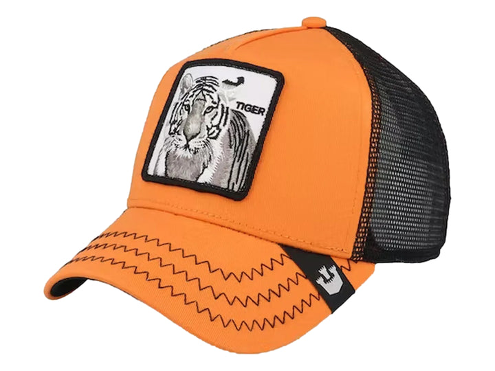Gorra snapback naranja y negra de Goorin Bros con parche de tigre frontal.