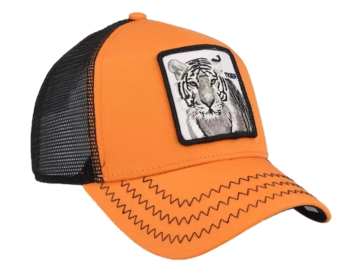 Gorra snapback naranja y negra de Goorin Bros con parche de tigre frontal.