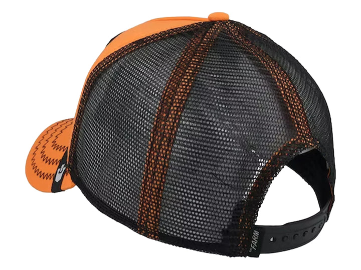 Gorra snapback naranja y negra de Goorin Bros con parche de tigre frontal.