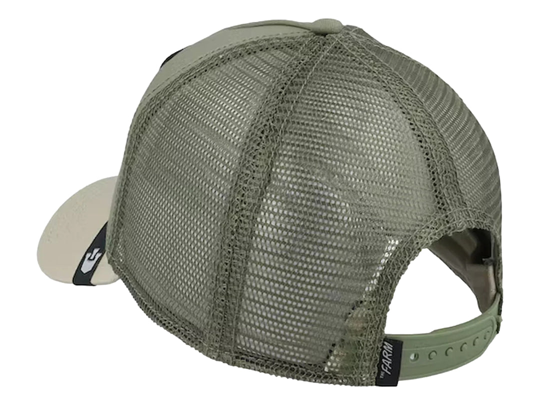 Gorra Goorin Bros color olive con visera beige y parche frontal de una mariquita con la palabra LADY.