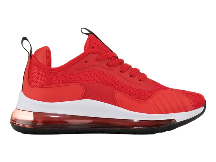 Tenis deportivos K-SWISS en color rojo con suela blanca y negra y amortiguación visible de aire.