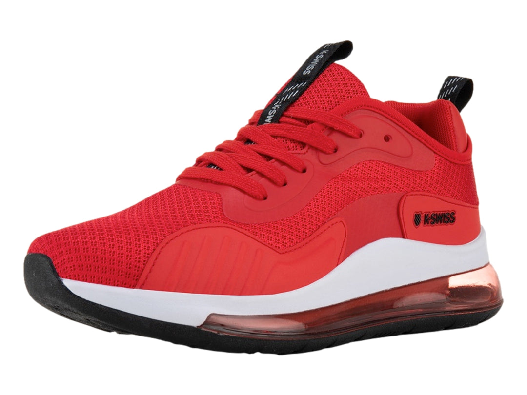 Tenis deportivos K-SWISS en color rojo con suela blanca y negra y amortiguación visible de aire.