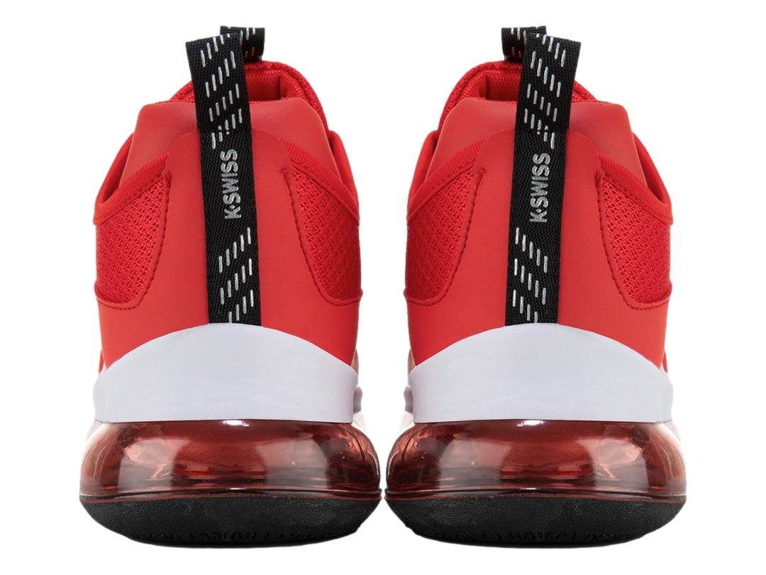 Tenis deportivos K-SWISS en color rojo con suela blanca y negra y amortiguación visible de aire.