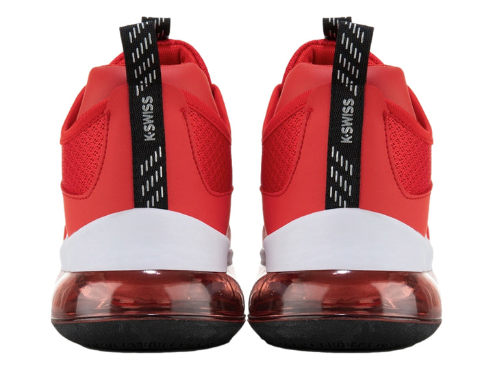 Tenis deportivos K-SWISS en color rojo con suela blanca y negra y amortiguación visible de aire.