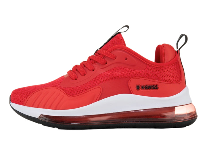 Tenis deportivos K-SWISS en color rojo con suela blanca y negra y amortiguación visible de aire.