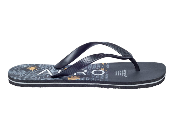 Sandalias Aeropostale color negro con estampado gráfico en la plantilla y suela blanca.