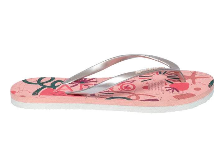 Sandalias de dedo color rosa con estampado colorido y tiras plateadas.