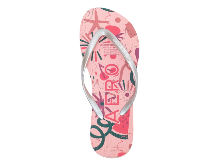 Sandalias de dedo color rosa con estampado colorido y tiras plateadas.