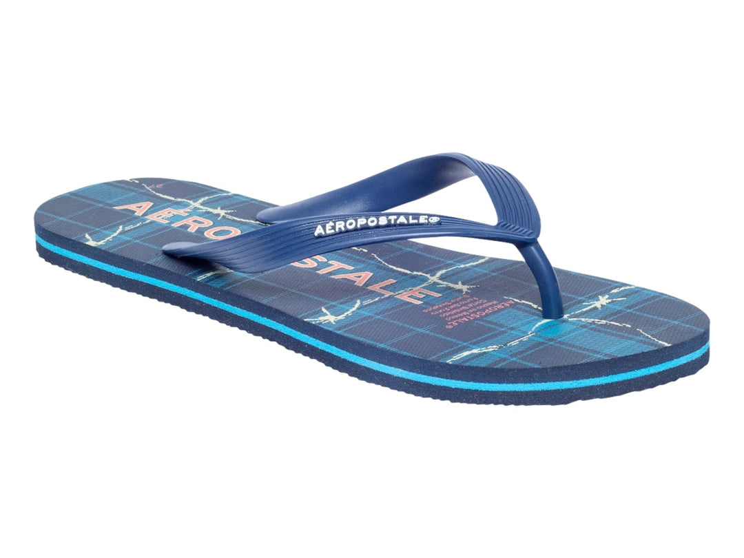 Sandalias AEROPOSTALE LAVA color azul oscuro con suela azul claro y diseño de líneas blancas.