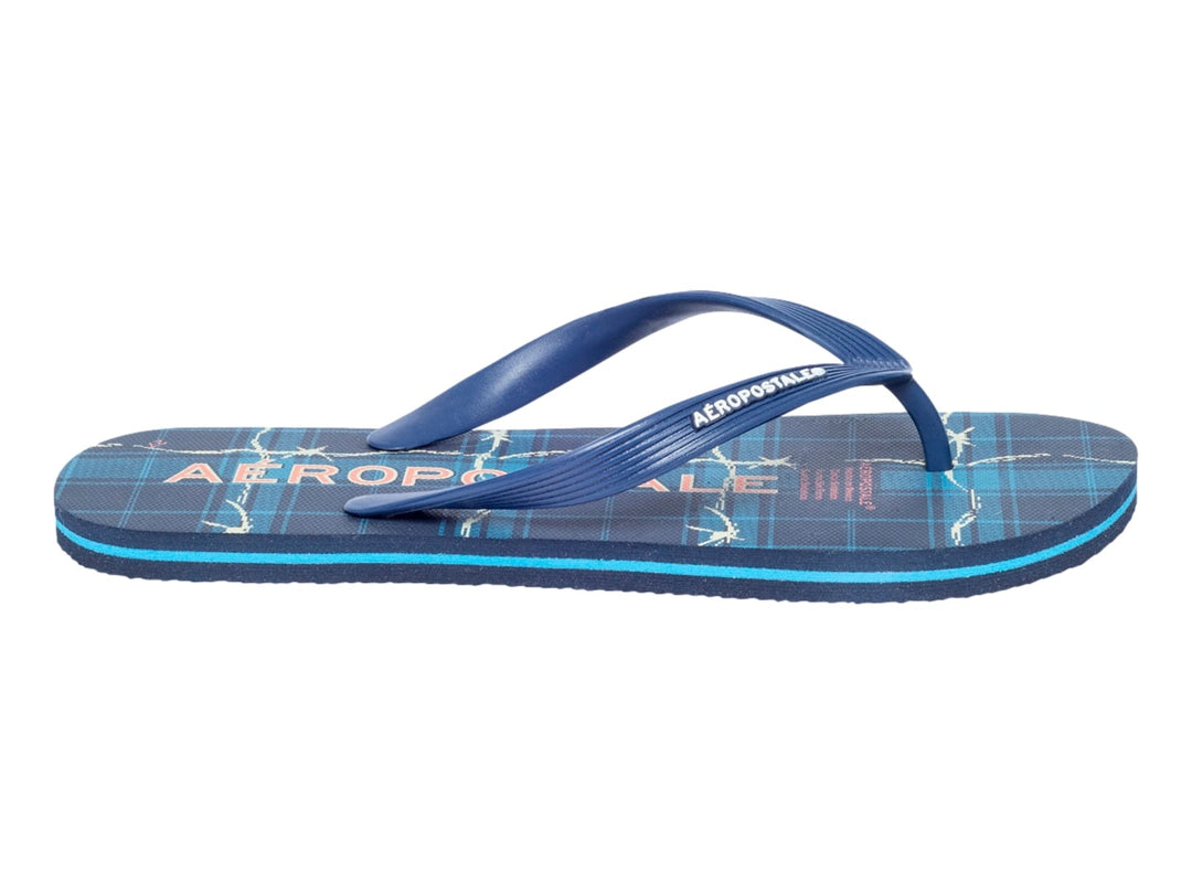 Sandalias AEROPOSTALE LAVA color azul oscuro con suela azul claro y diseño de líneas blancas.