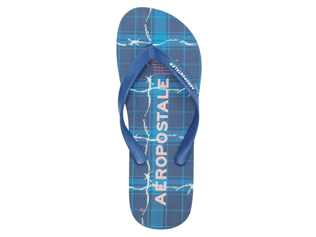 Sandalias AEROPOSTALE LAVA color azul oscuro con suela azul claro y diseño de líneas blancas.