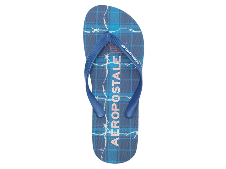 Sandalias AEROPOSTALE LAVA color azul oscuro con suela azul claro y diseño de líneas blancas.