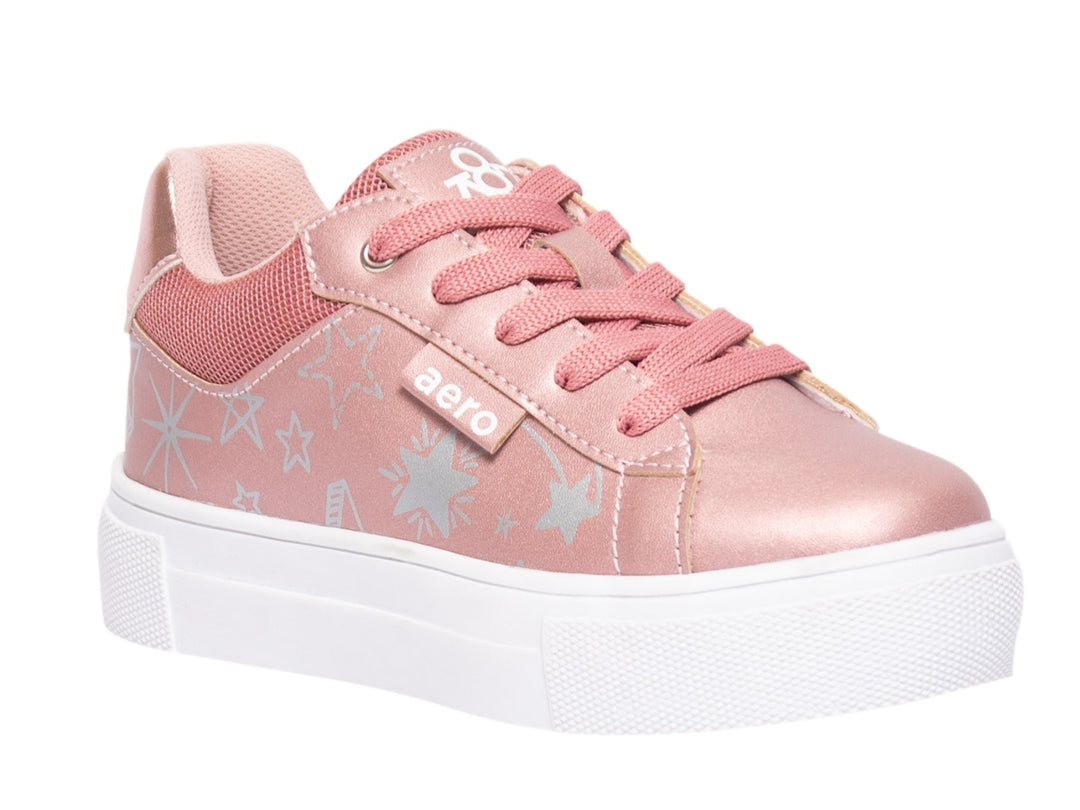 Tenis Aeropostale para niña en color oro rosado metálico con estampado de estrellas y suela blanca de plataforma.